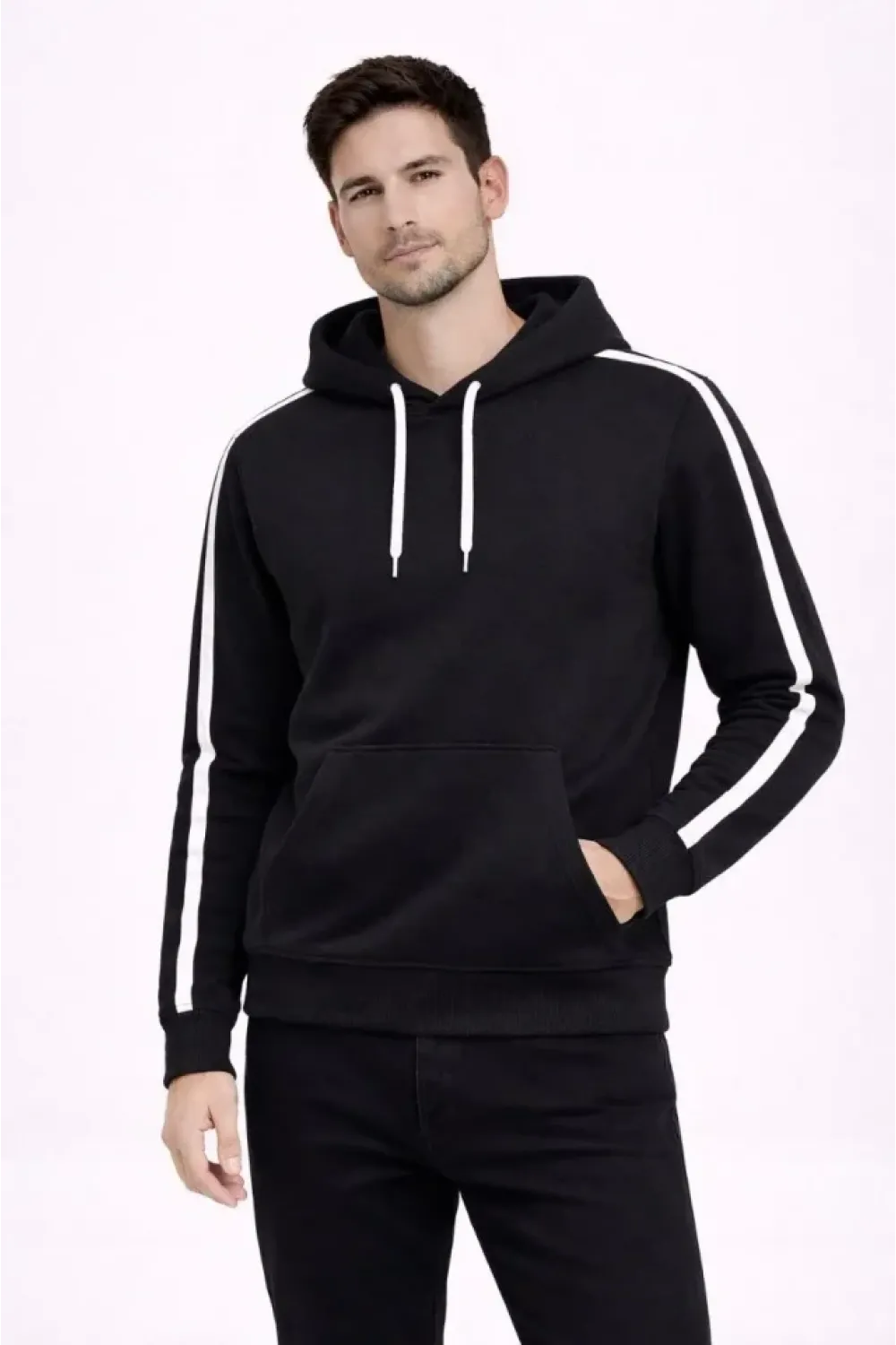 Erkek Şeritli Kapüşonlu Sweatshirt Oversize 3 Iplik Pamuklu - Siyah