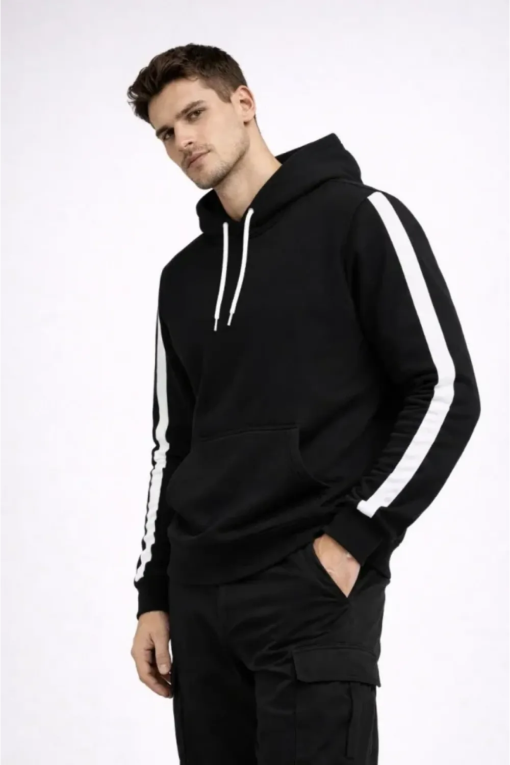 Erkek Şeritli Kapüşonlu Sweatshirt Oversize 3 Iplik Pamuklu - Siyah
