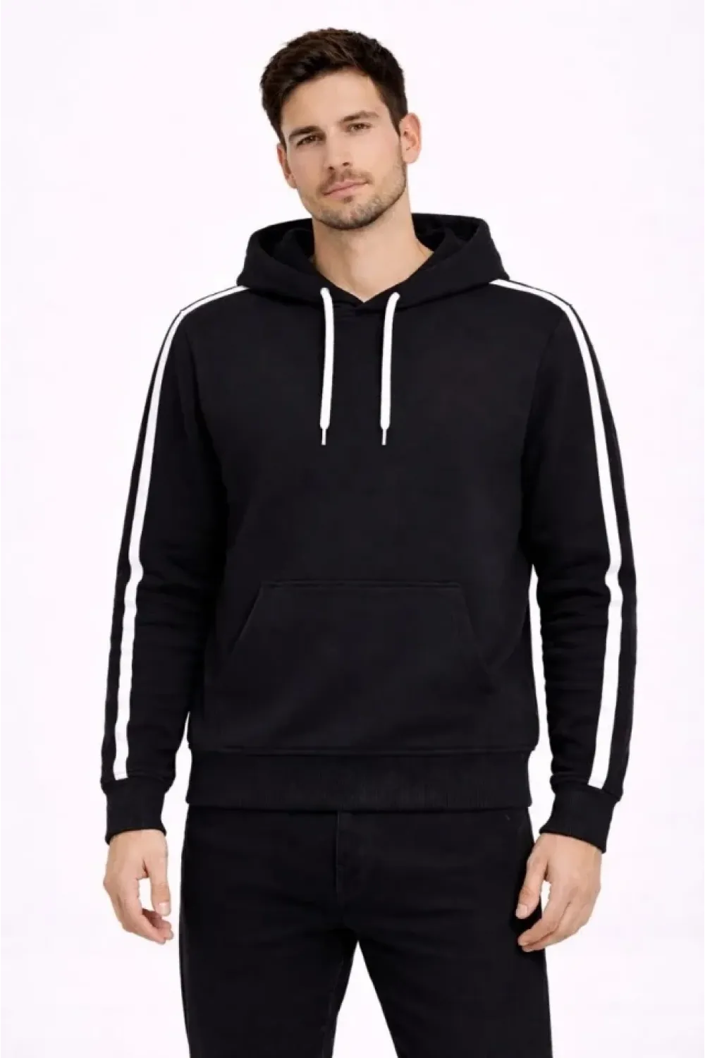Erkek Şeritli Kapüşonlu Sweatshirt Oversize 3 Iplik Pamuklu - Siyah