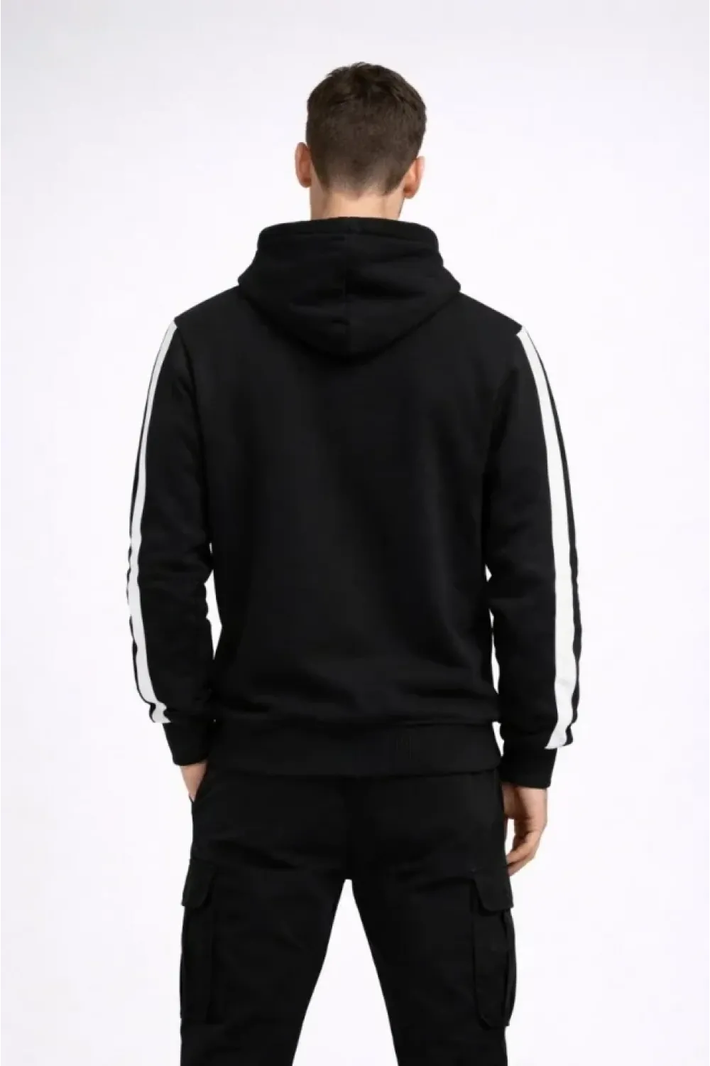 Erkek Şeritli Kapüşonlu Sweatshirt Oversize 3 Iplik Pamuklu - Siyah