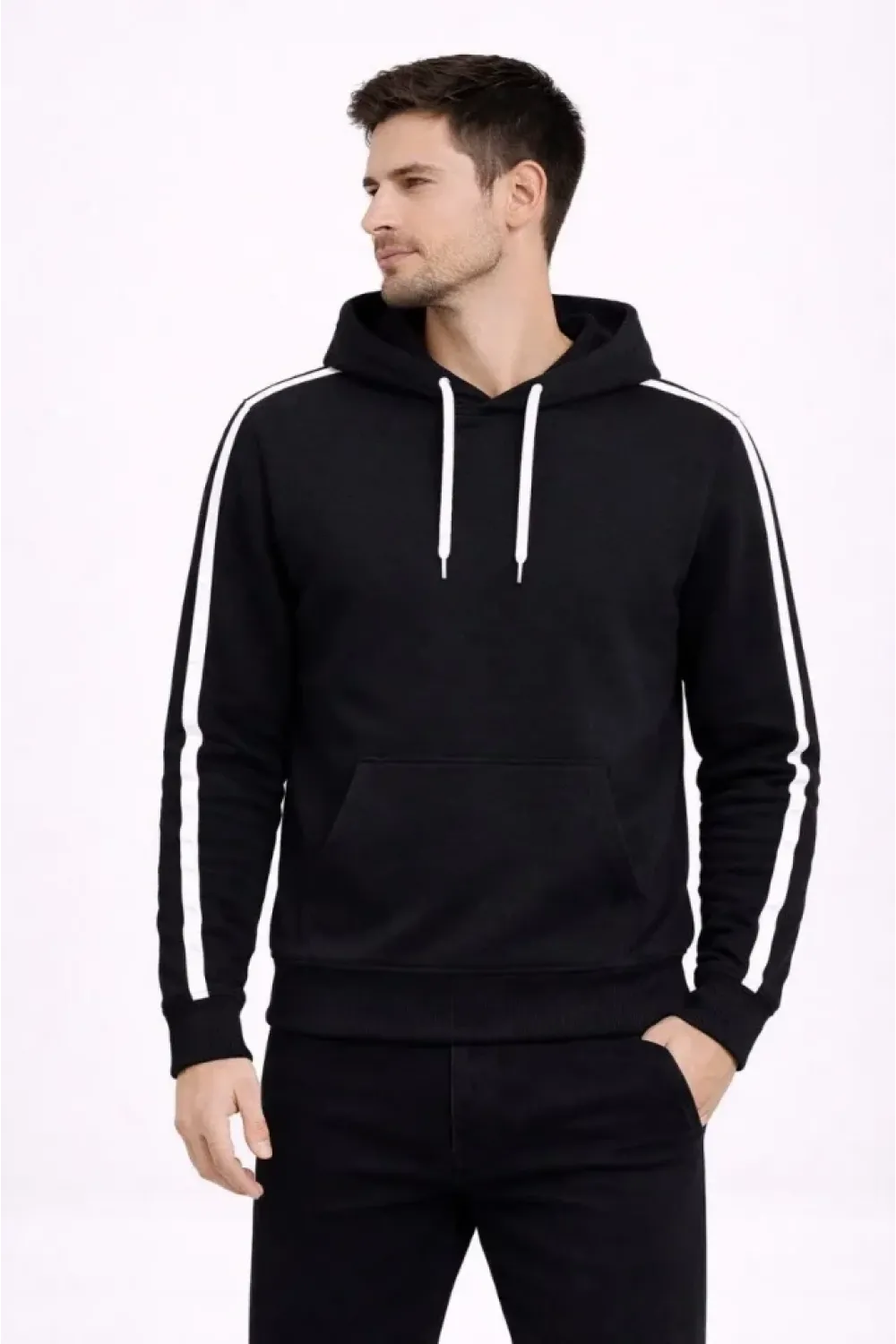 Erkek Şeritli Kapüşonlu Sweatshirt Oversize 3 Iplik Pamuklu - Siyah