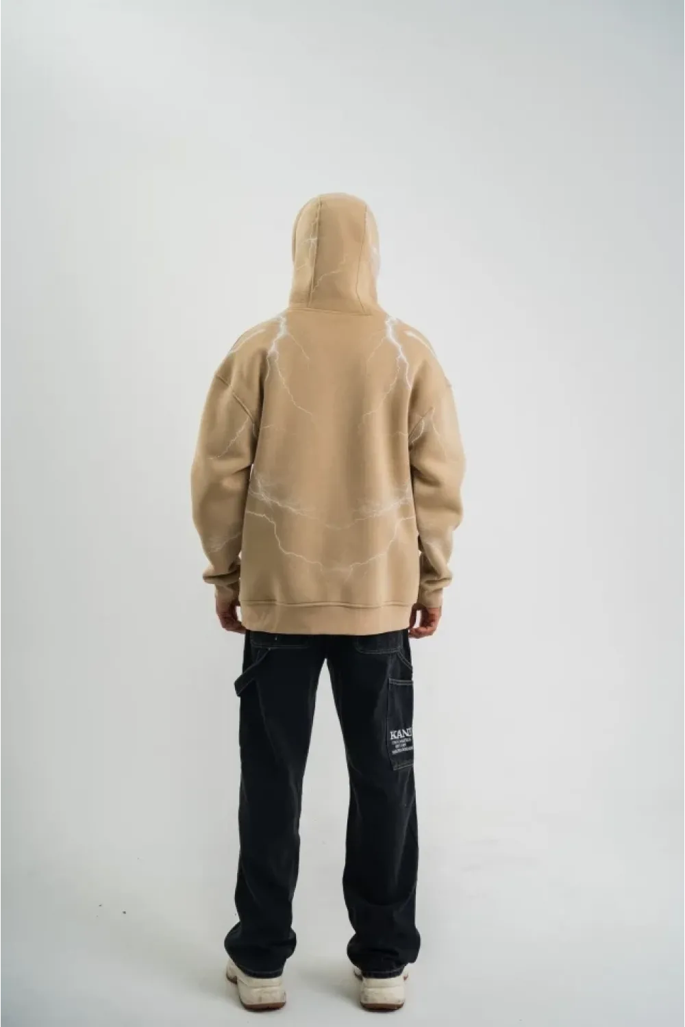 Erkek Şimşek Baskılı Kapşonlu Sweatshirt Üç İplik Pamuklu Kanguru Cepli Double Oversize Hoodie - Bej