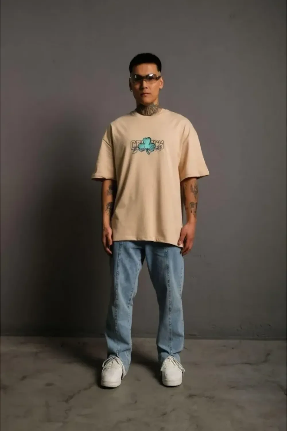 Erkek Sırt Baskılı T-shirt - Bej