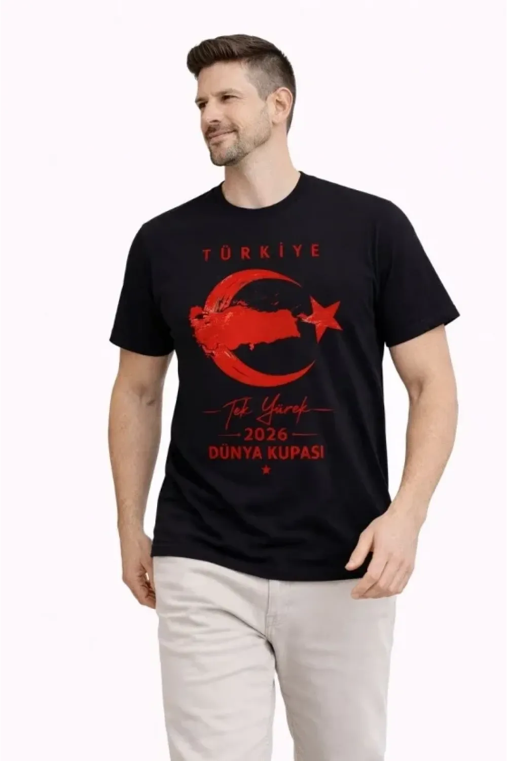 Erkek TÜRKİYE Ay Yıldız Baskılı Taraftar Forma T-Shirt - Siyah