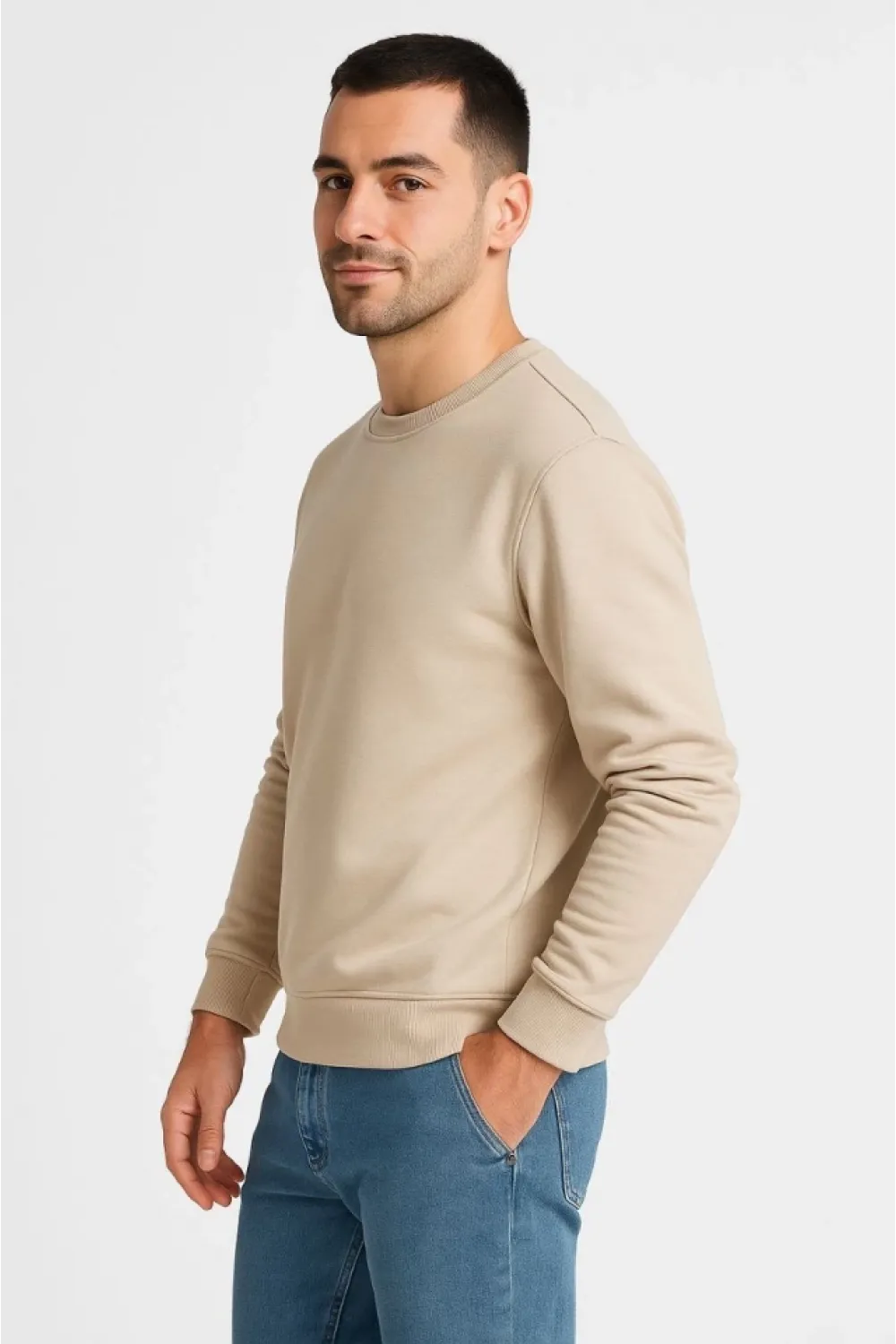 Erkek Üç İplik Düz Bisiklet Yaka SweatShirt - Bej