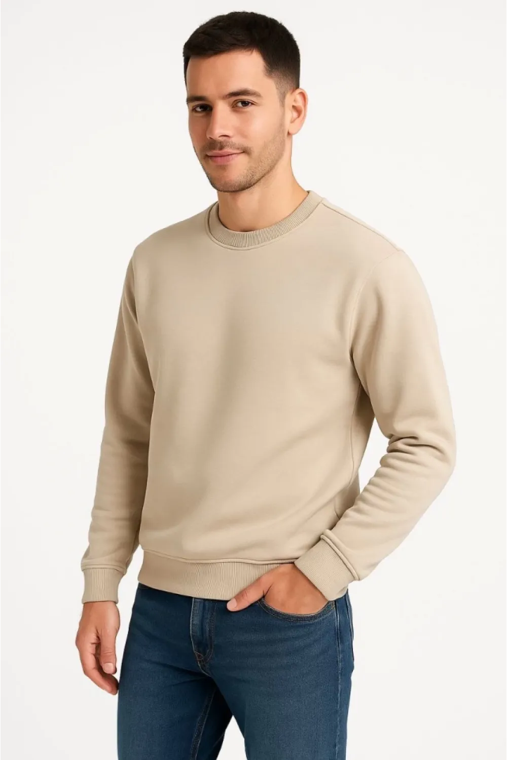 Erkek Üç İplik Düz Bisiklet Yaka SweatShirt - Bej