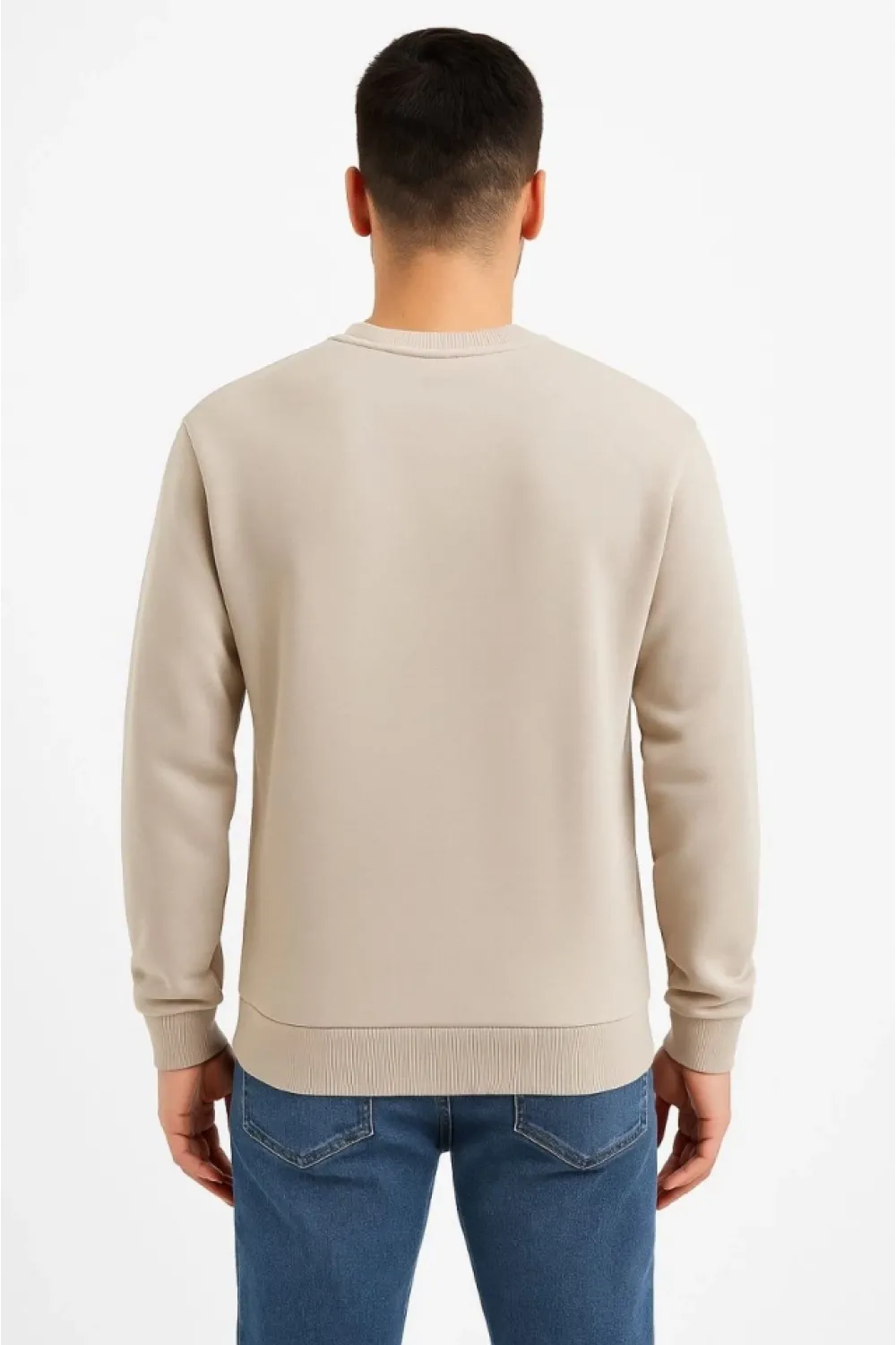 Erkek Üç İplik Düz Bisiklet Yaka SweatShirt - Bej
