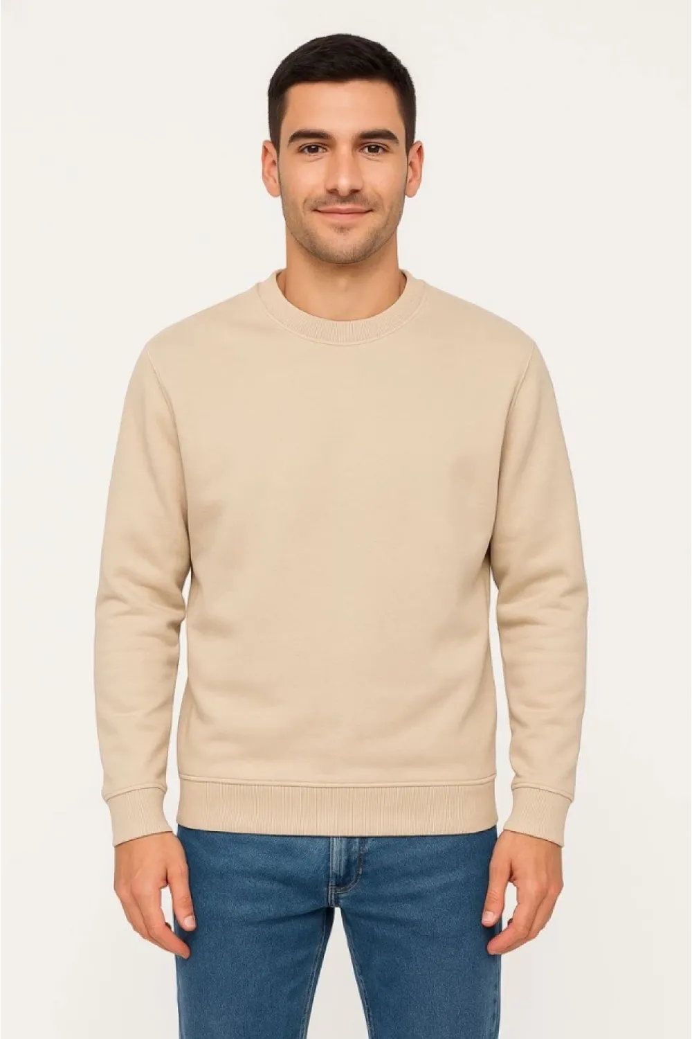 Erkek Üç İplik Düz Bisiklet Yaka SweatShirt - Bej
