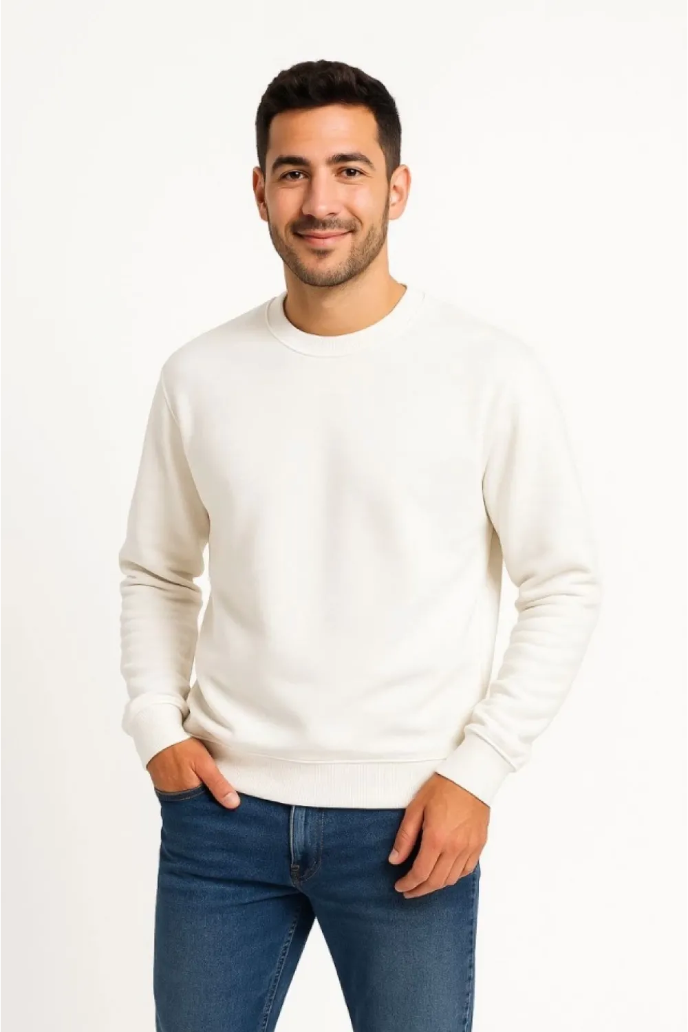 Erkek Üç İplik Düz Bisiklet Yaka SweatShirt - Beyaz
