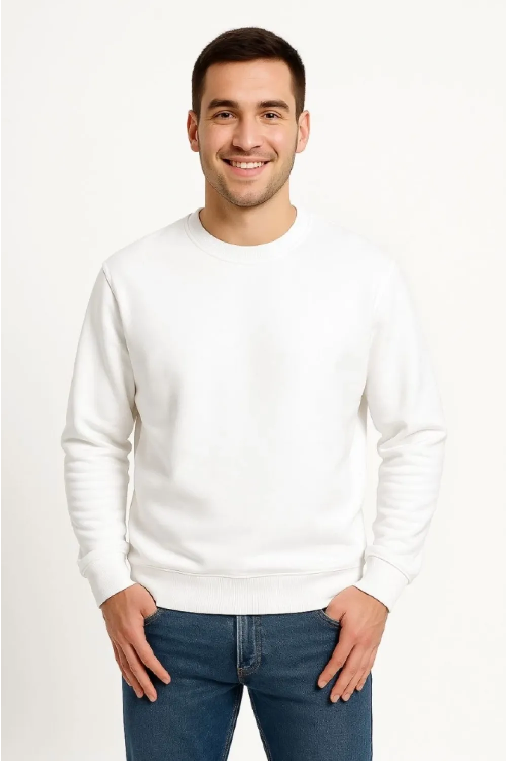 Erkek Üç İplik Düz Bisiklet Yaka SweatShirt - Beyaz