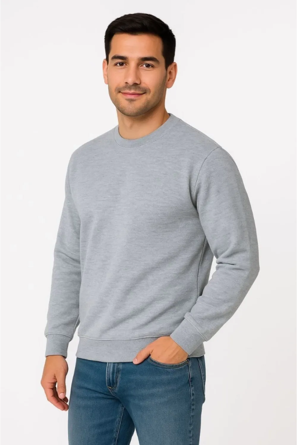 Erkek Üç İplik Düz Bisiklet Yaka SweatShirt - Gri