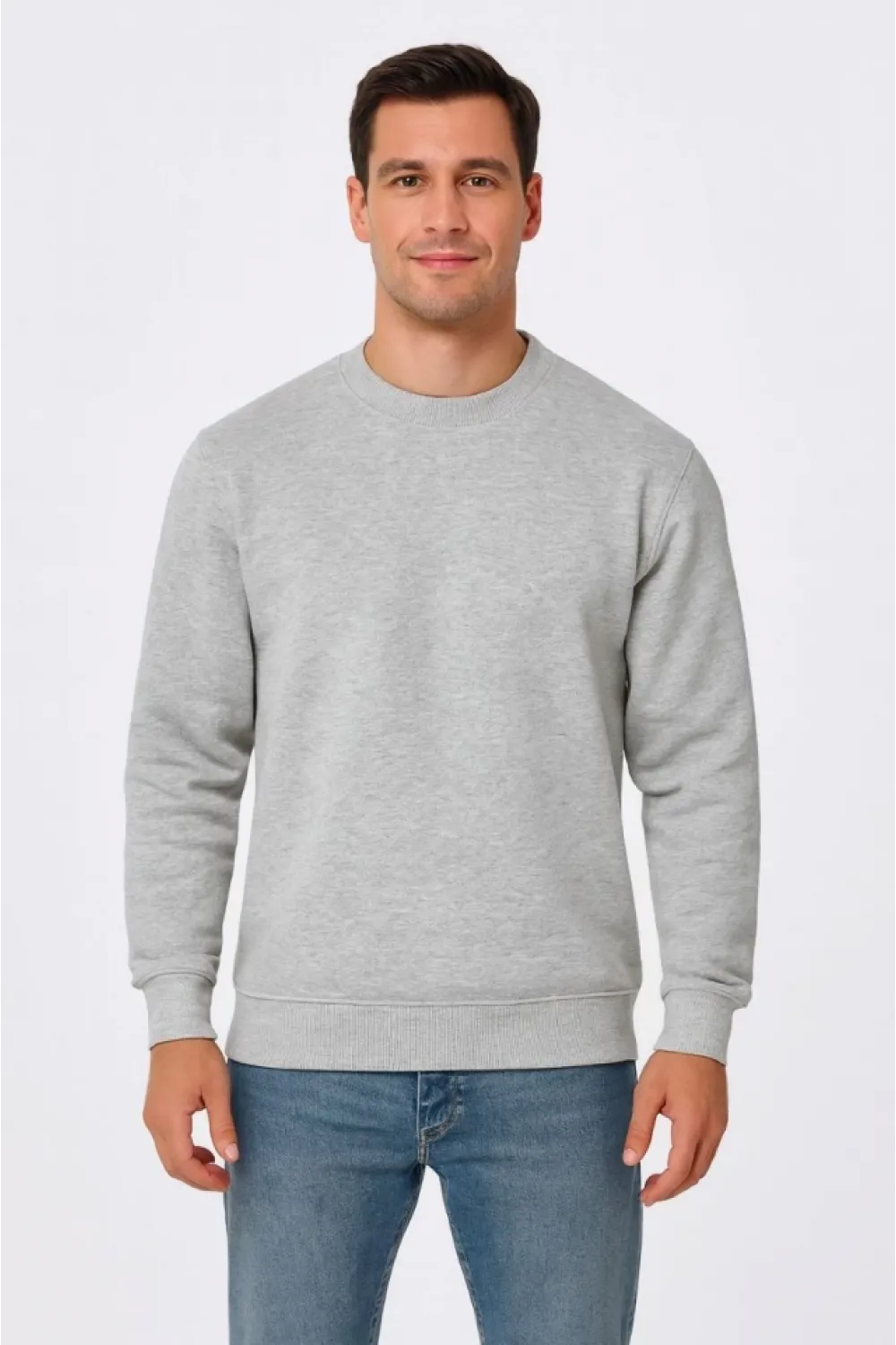 Erkek Üç İplik Düz Bisiklet Yaka SweatShirt - Gri