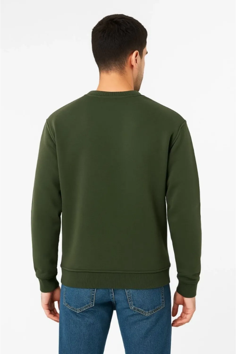 Erkek Üç İplik Düz Bisiklet Yaka SweatShirt - Haki