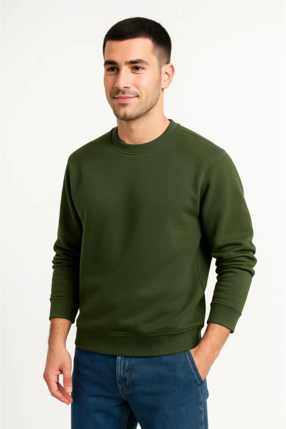 Erkek Üç İplik Düz Bisiklet Yaka SweatShirt - Haki