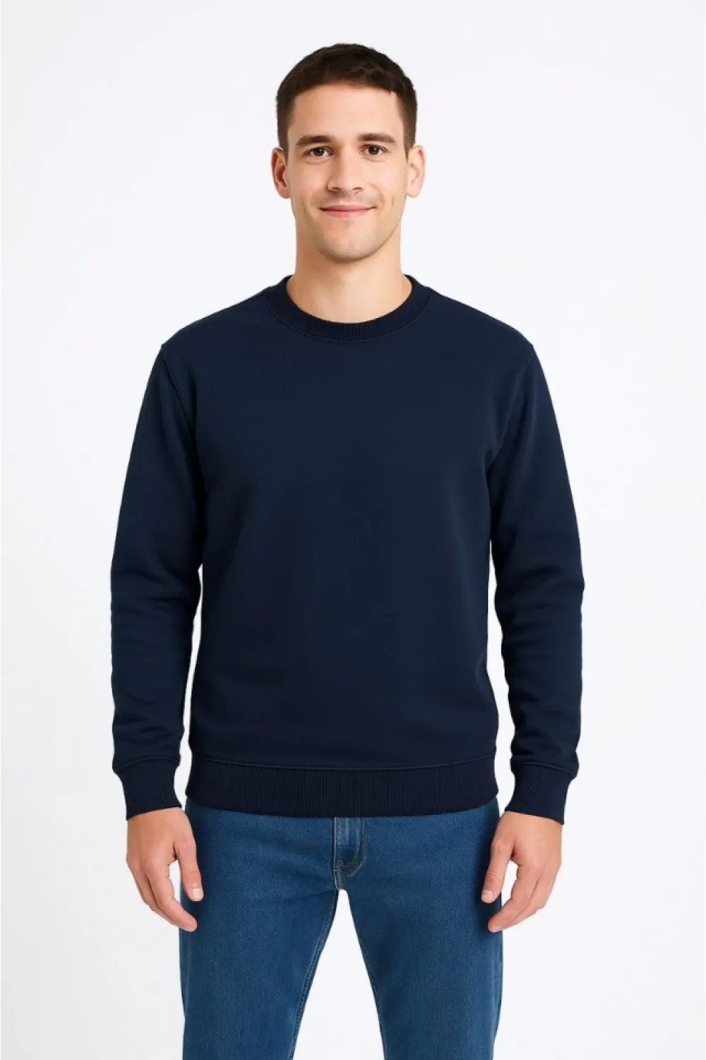 Erkek Üç İplik Düz Bisiklet Yaka SweatShirt - Lacivert
