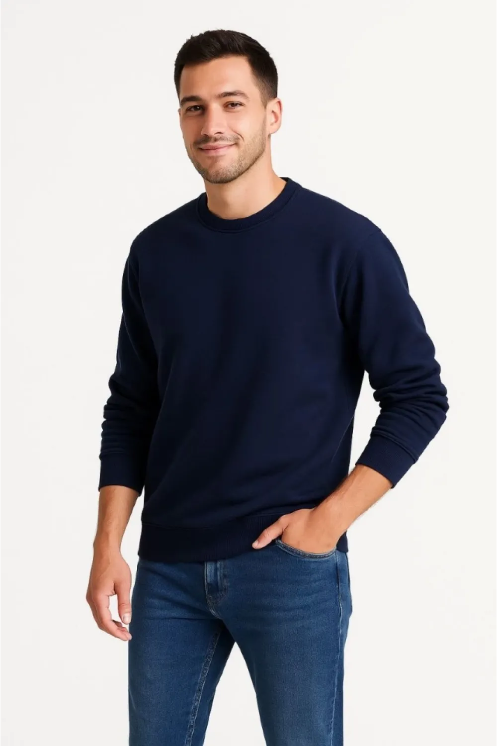 Erkek Üç İplik Düz Bisiklet Yaka SweatShirt - Lacivert