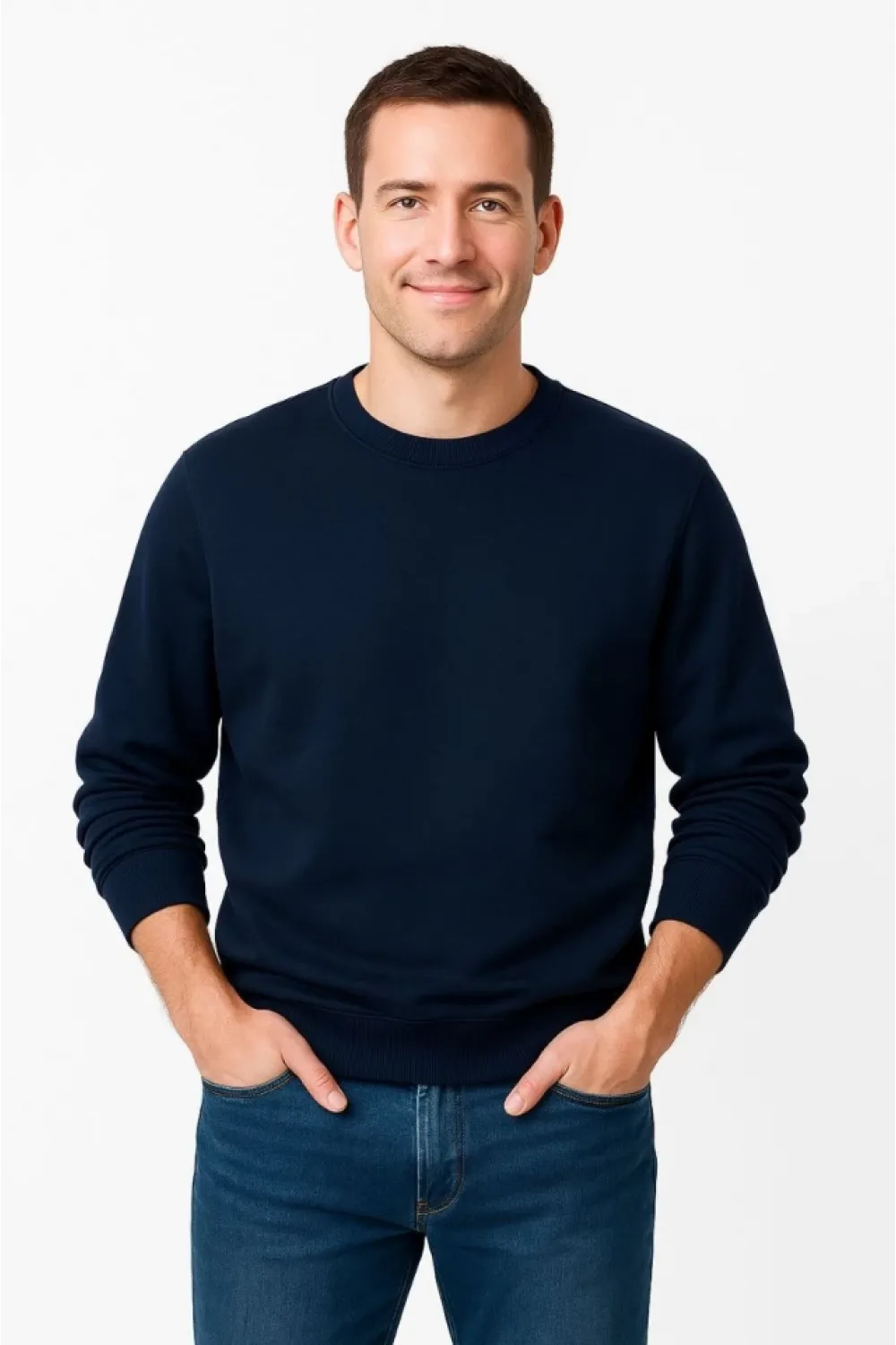 Erkek Üç İplik Düz Bisiklet Yaka SweatShirt - Lacivert