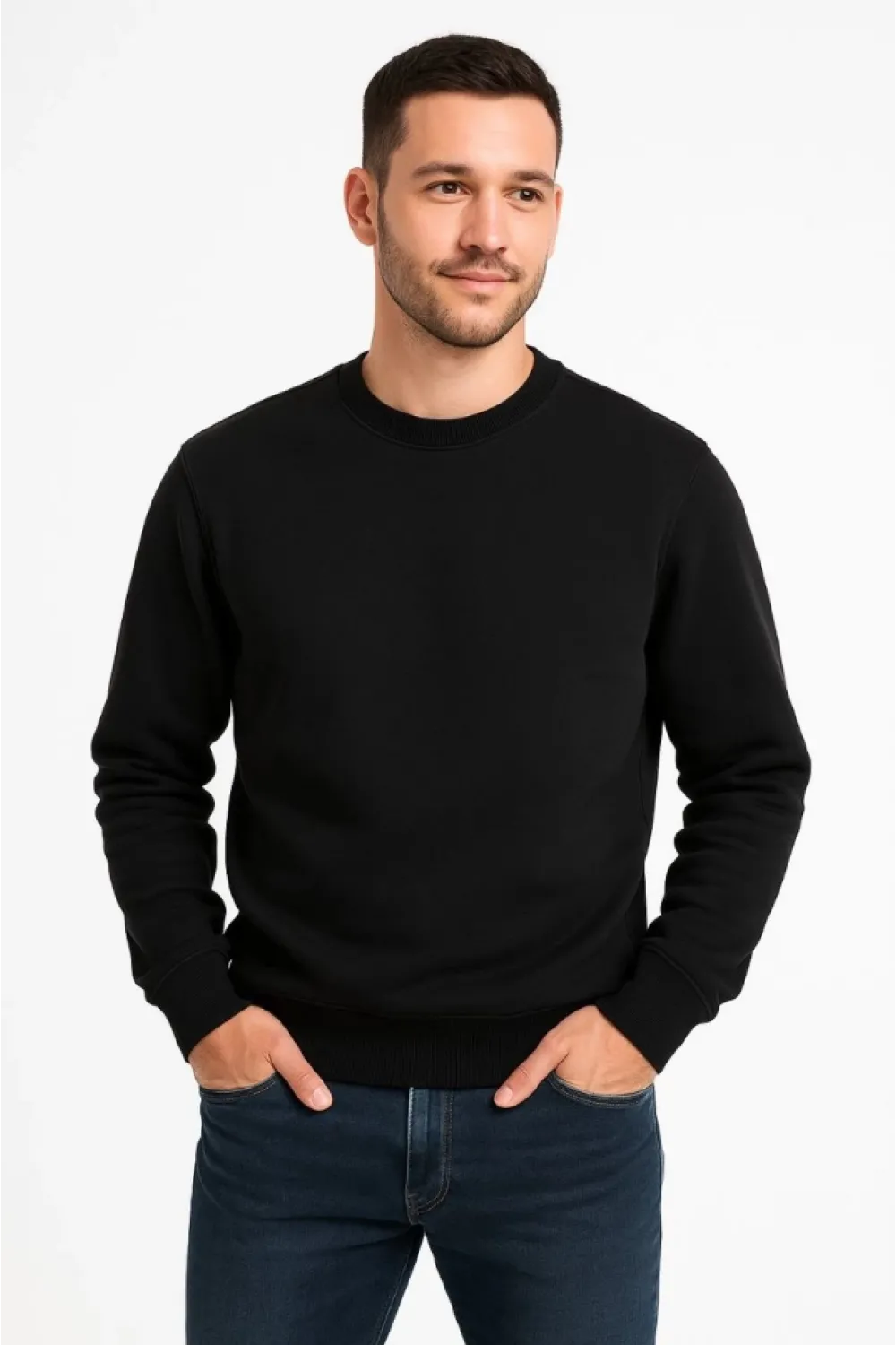 Erkek Üç İplik Düz Bisiklet Yaka SweatShirt - Siyah