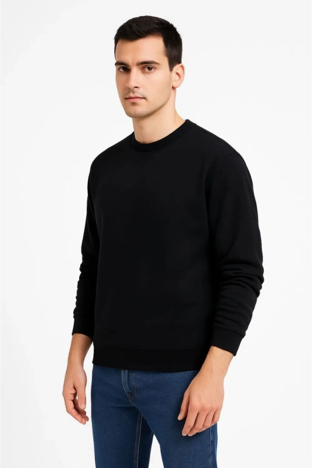 Erkek Üç İplik Düz Bisiklet Yaka SweatShirt - Siyah