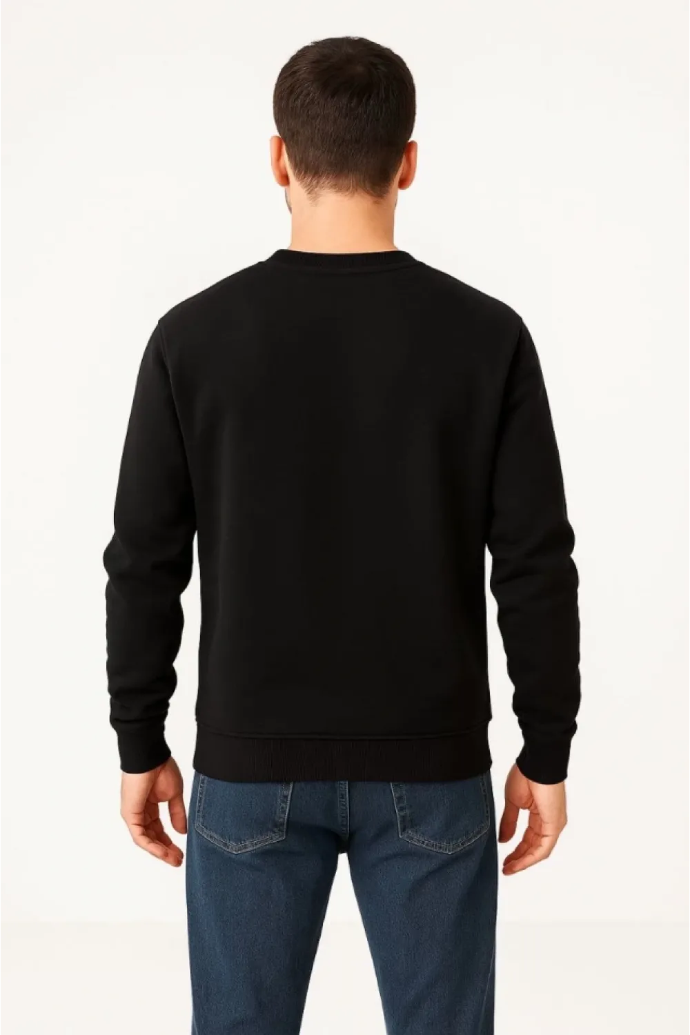 Erkek Üç İplik Düz Bisiklet Yaka SweatShirt - Siyah