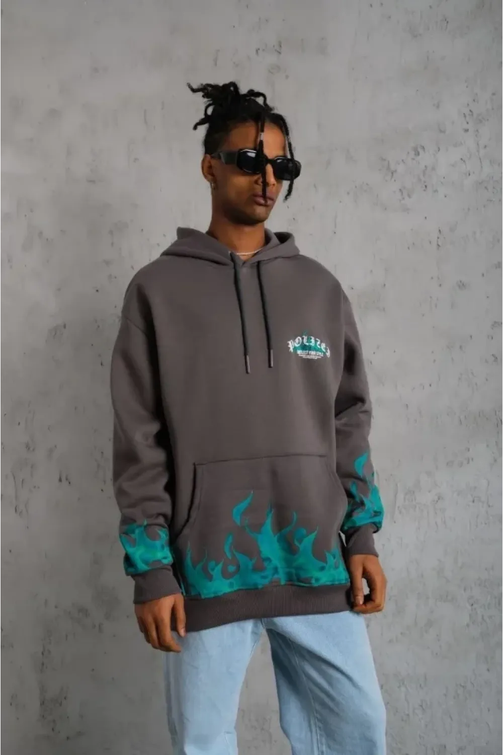 Erkek Üç İplik İçi Pamuklu Alev Baskılı Kapüşonlu Sweatshirt - Gri