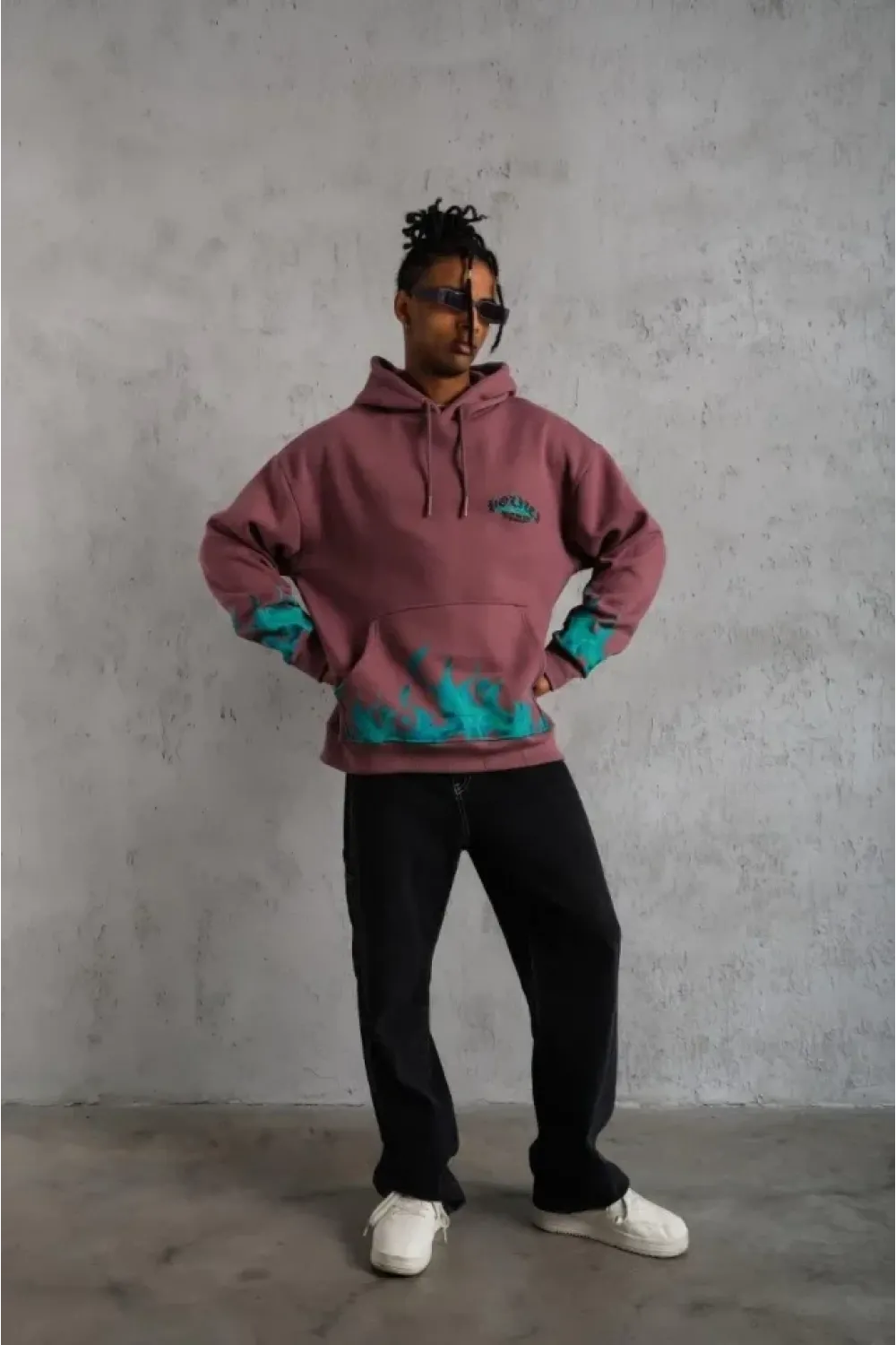Erkek Üç İplik Içi Pamuklu Alev Baskılı Kapüşonlu Sweatshirt - Gül Kurusu