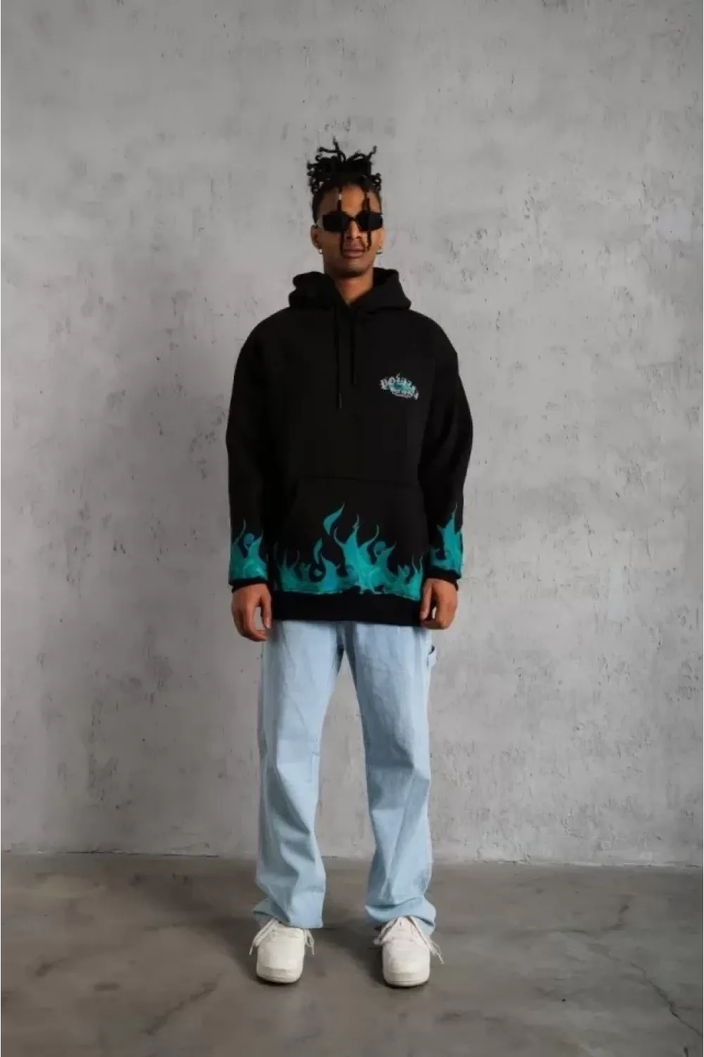 Erkek Üç İplik İçi Pamuklu Alev Baskılı Kapüşonlu Sweatshirt - Siyah