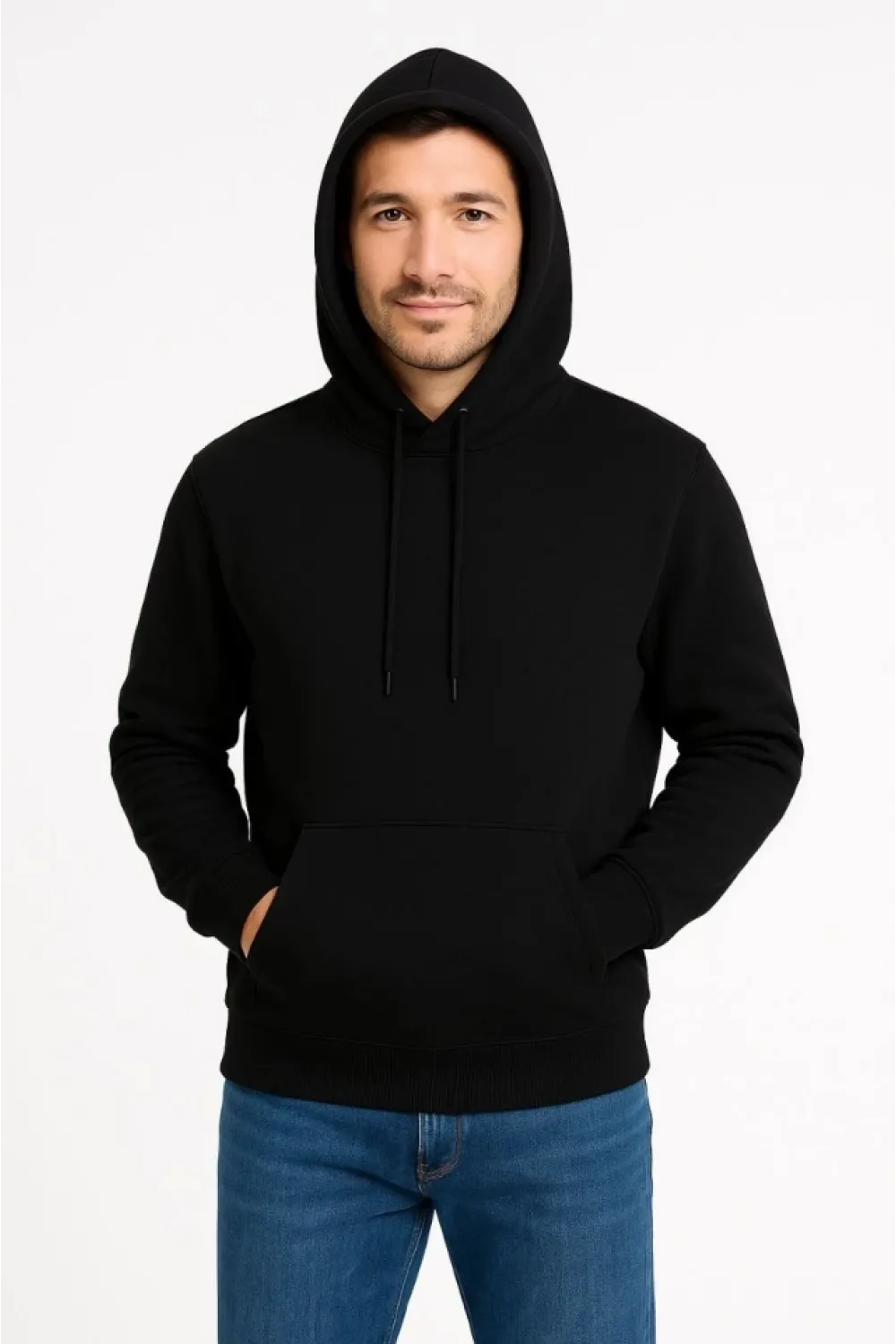 Erkek Üç İplik Kapüşonlu Kanguru Cepli SweatShirt Hoodie - Siyah