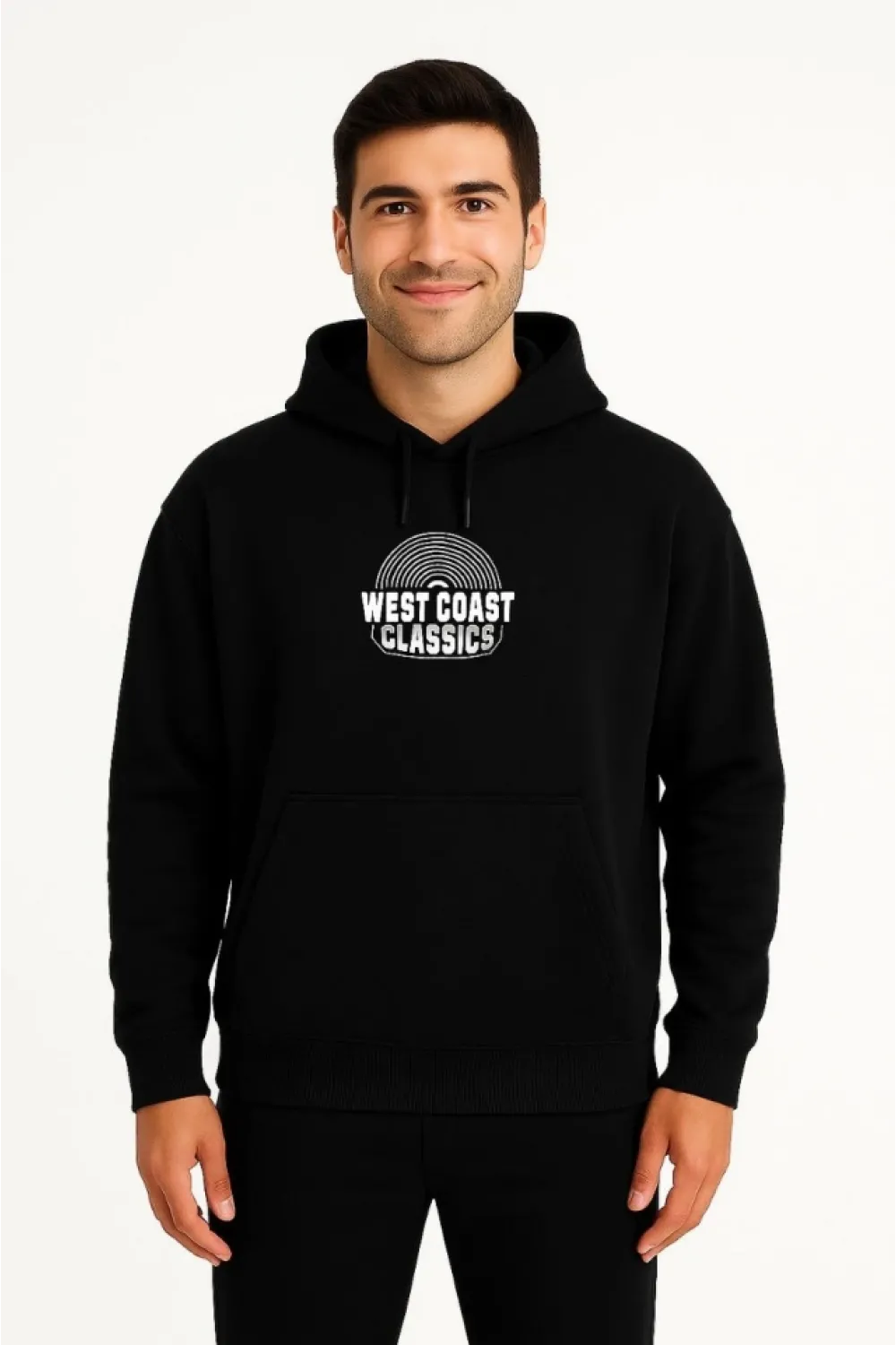 Erkek Üç İplik Kapüşonlu Ön Ve Arka Baskılı SweatShirt Hoodie - Siyah