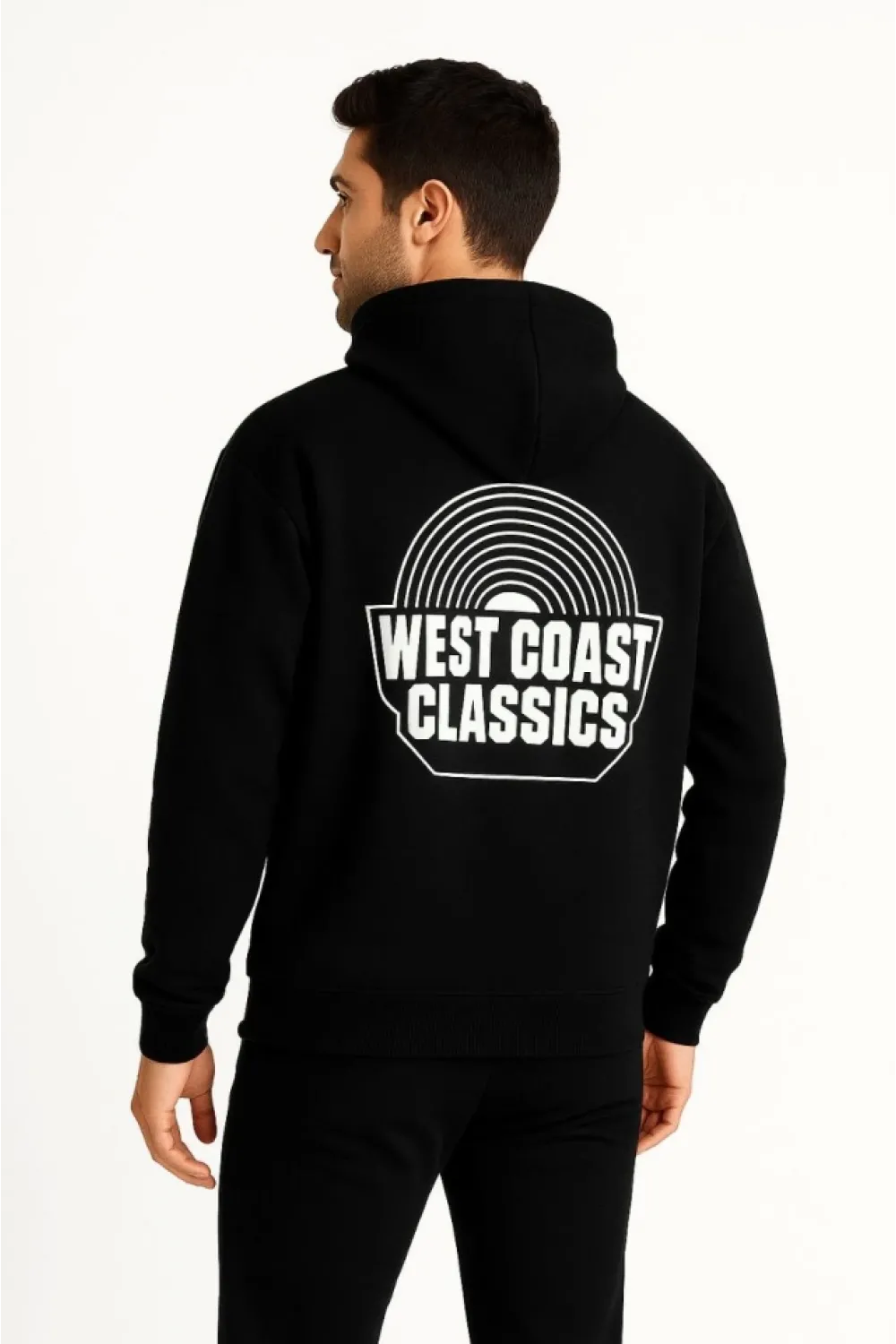 Erkek Üç İplik Kapüşonlu Ön Ve Arka Baskılı SweatShirt Hoodie - Siyah