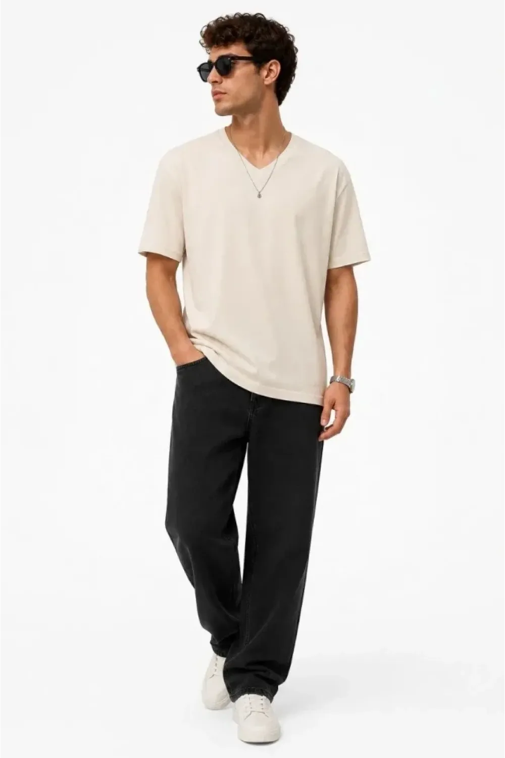 Erkek V Yaka Basic Tişört Kısa Kol Yazlık Regular Fit T-Shirt - Bej