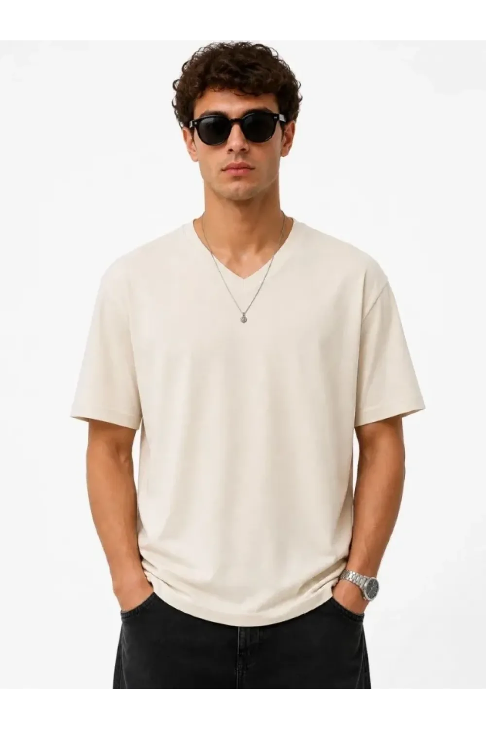 Erkek V Yaka Basic Tişört Kısa Kol Yazlık Regular Fit T-Shirt - Bej