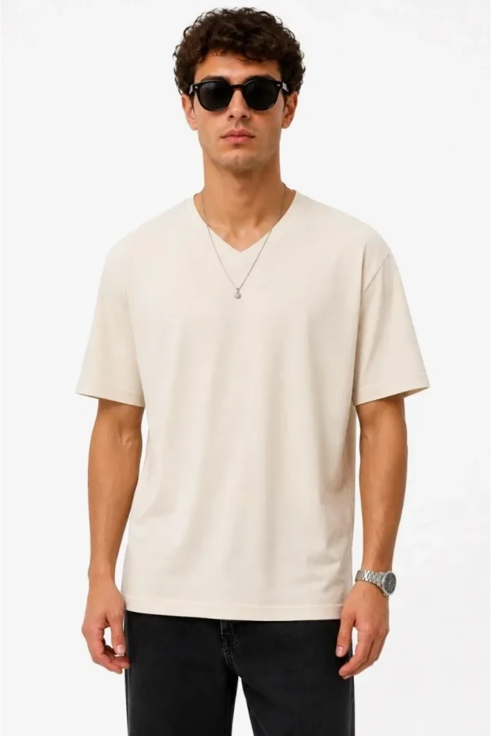 Erkek V Yaka Basic Tişört Kısa Kol Yazlık Regular Fit T-Shirt - Bej