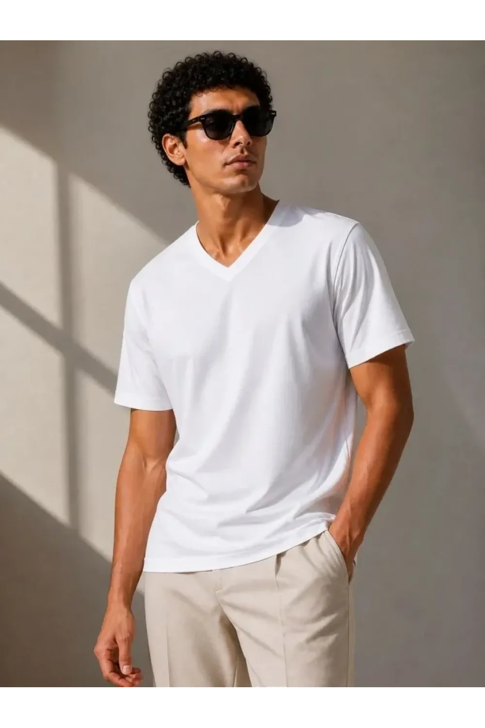 Erkek V Yaka Basic Tişört Kısa Kol Yazlık Regular Fit T-Shirt - Beyaz