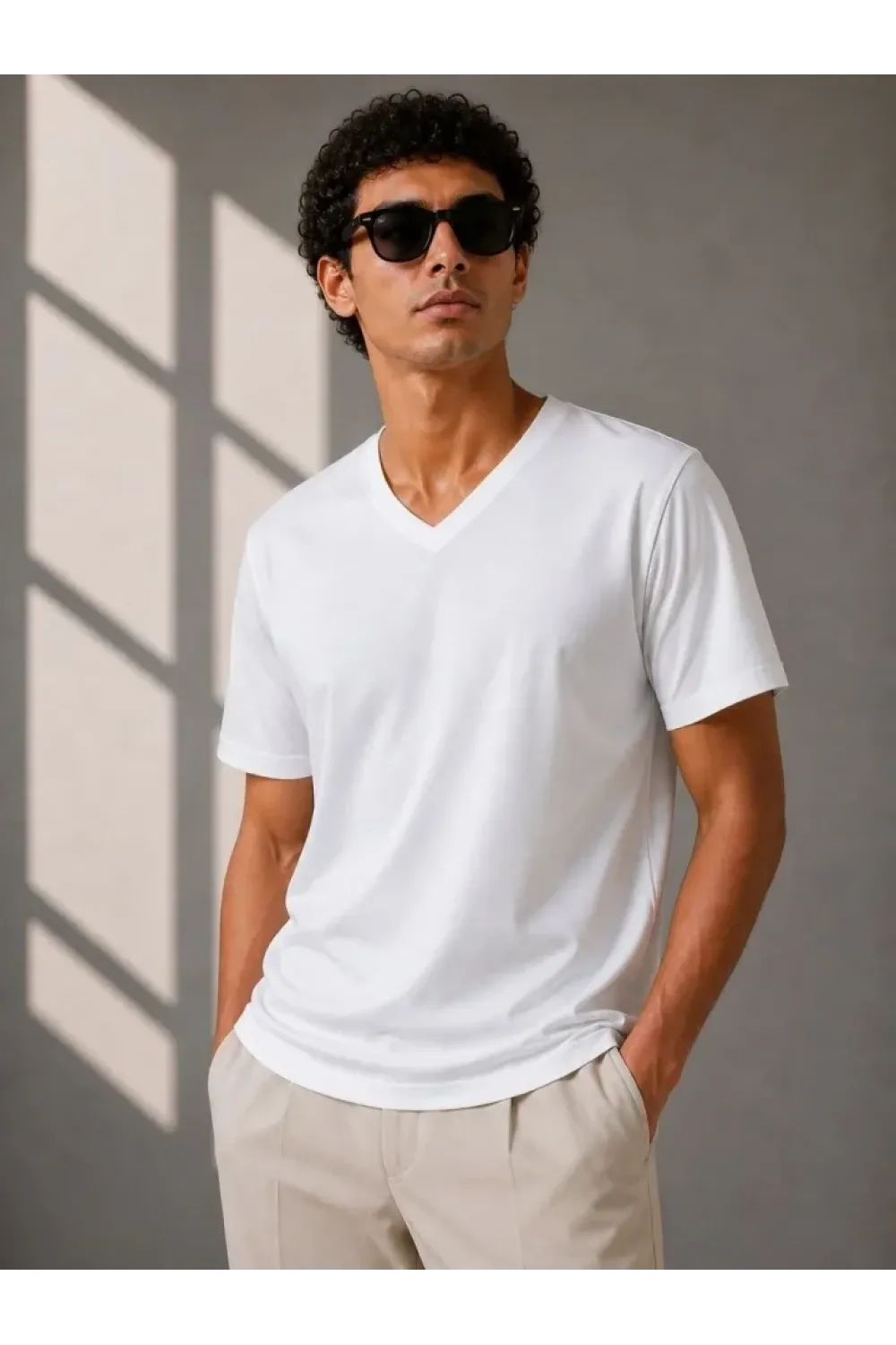 Erkek V Yaka Basic Tişört Kısa Kol Yazlık Regular Fit T-Shirt - Beyaz