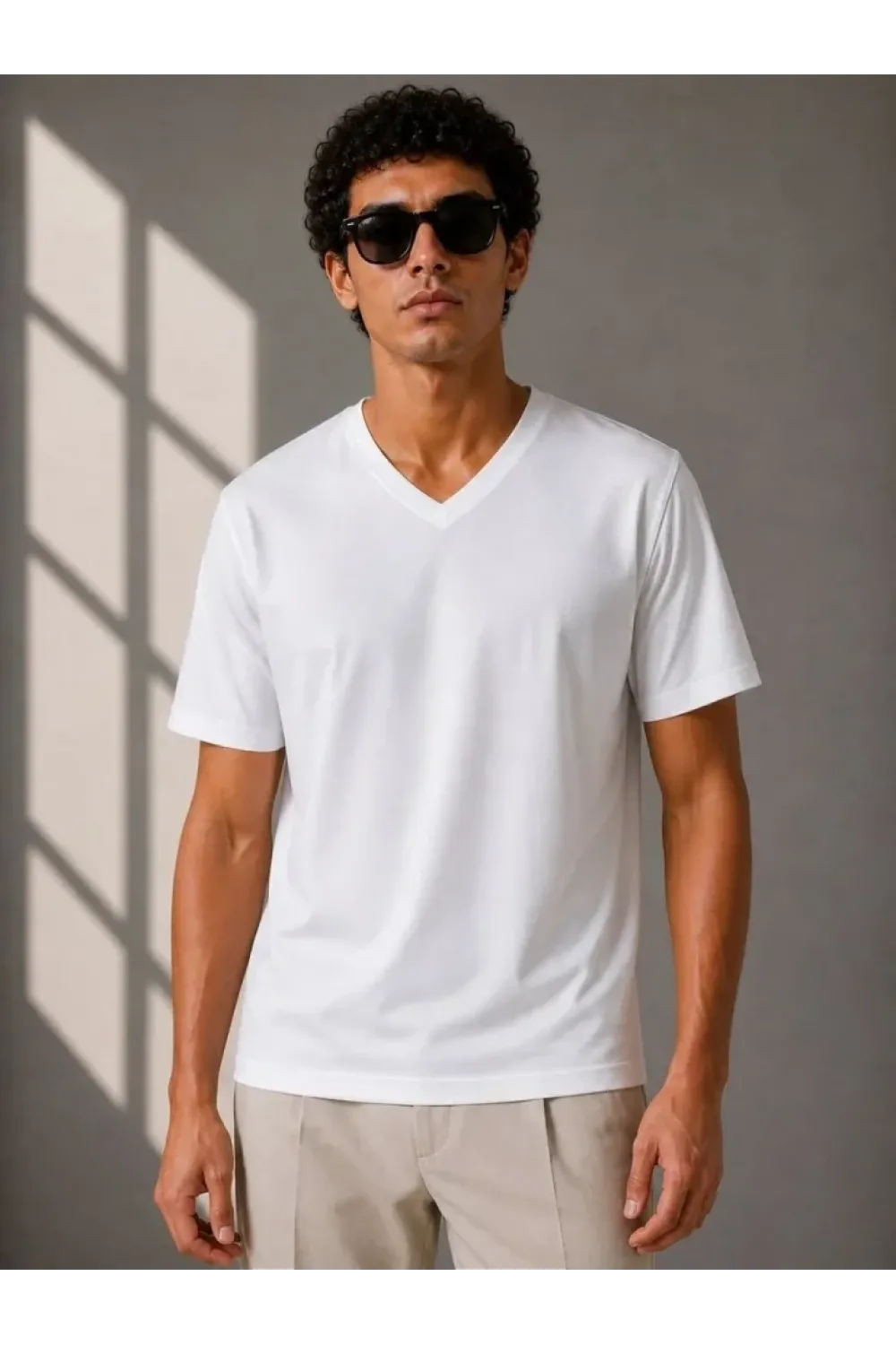 Erkek V Yaka Basic Tişört Kısa Kol Yazlık Regular Fit T-Shirt - Beyaz