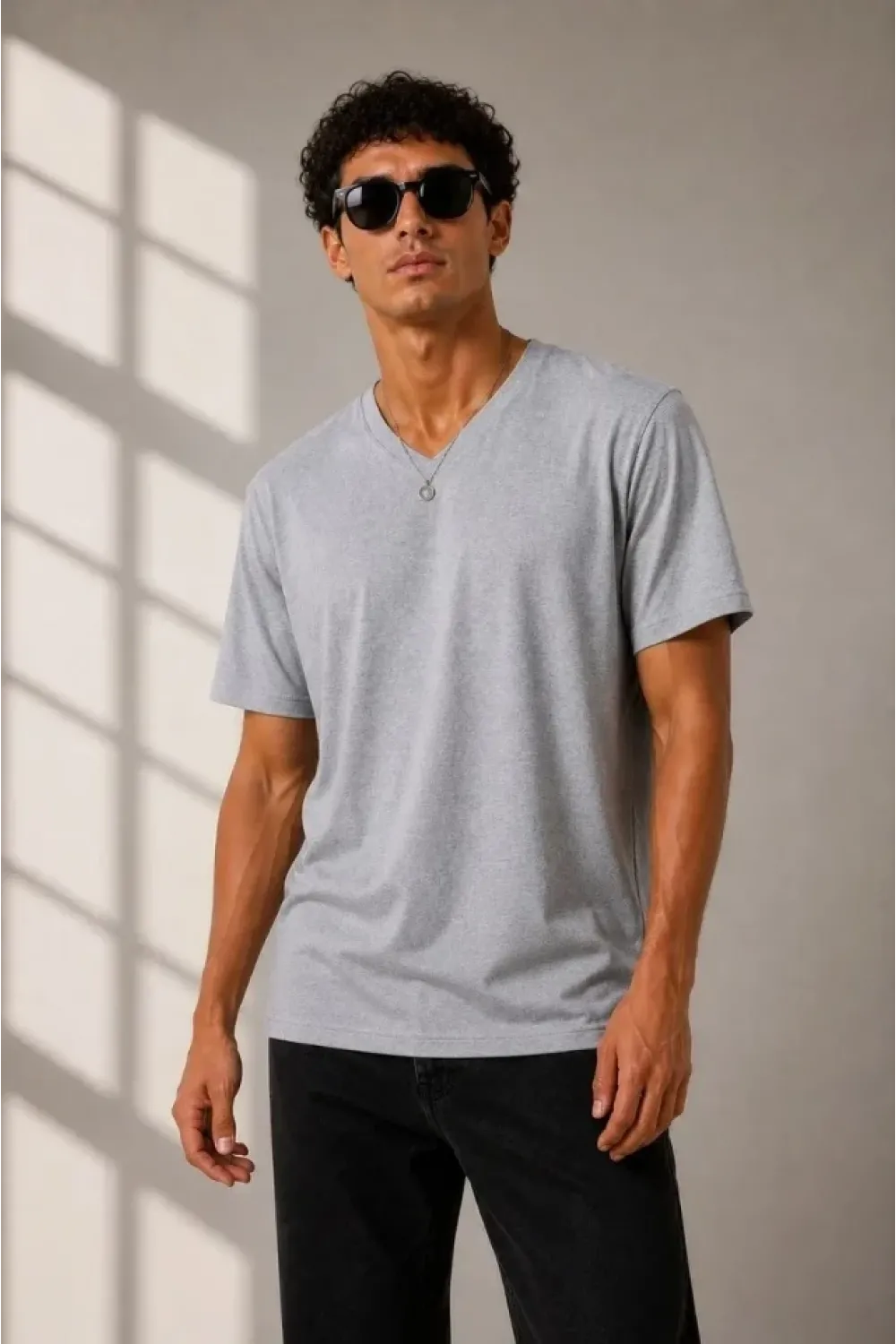 Erkek V Yaka Basic Tişört Kısa Kol Yazlık Regular Fit T-Shirt - Gri