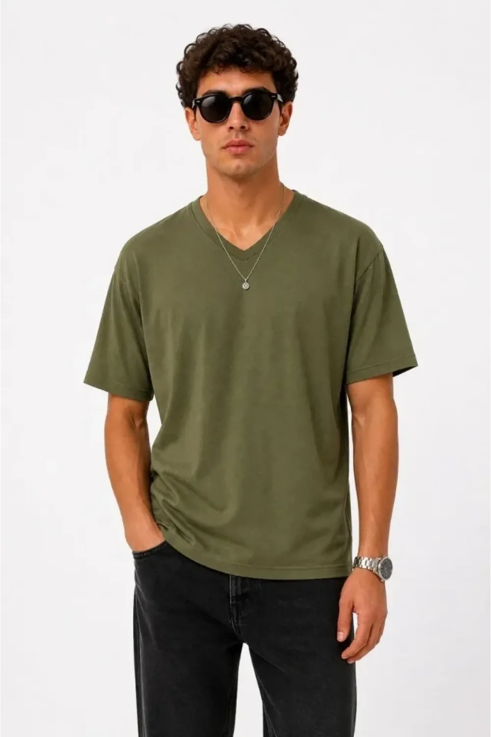 Erkek V Yaka Basic Tişört Kısa Kol Yazlık Regular Fit T-Shirt - Haki