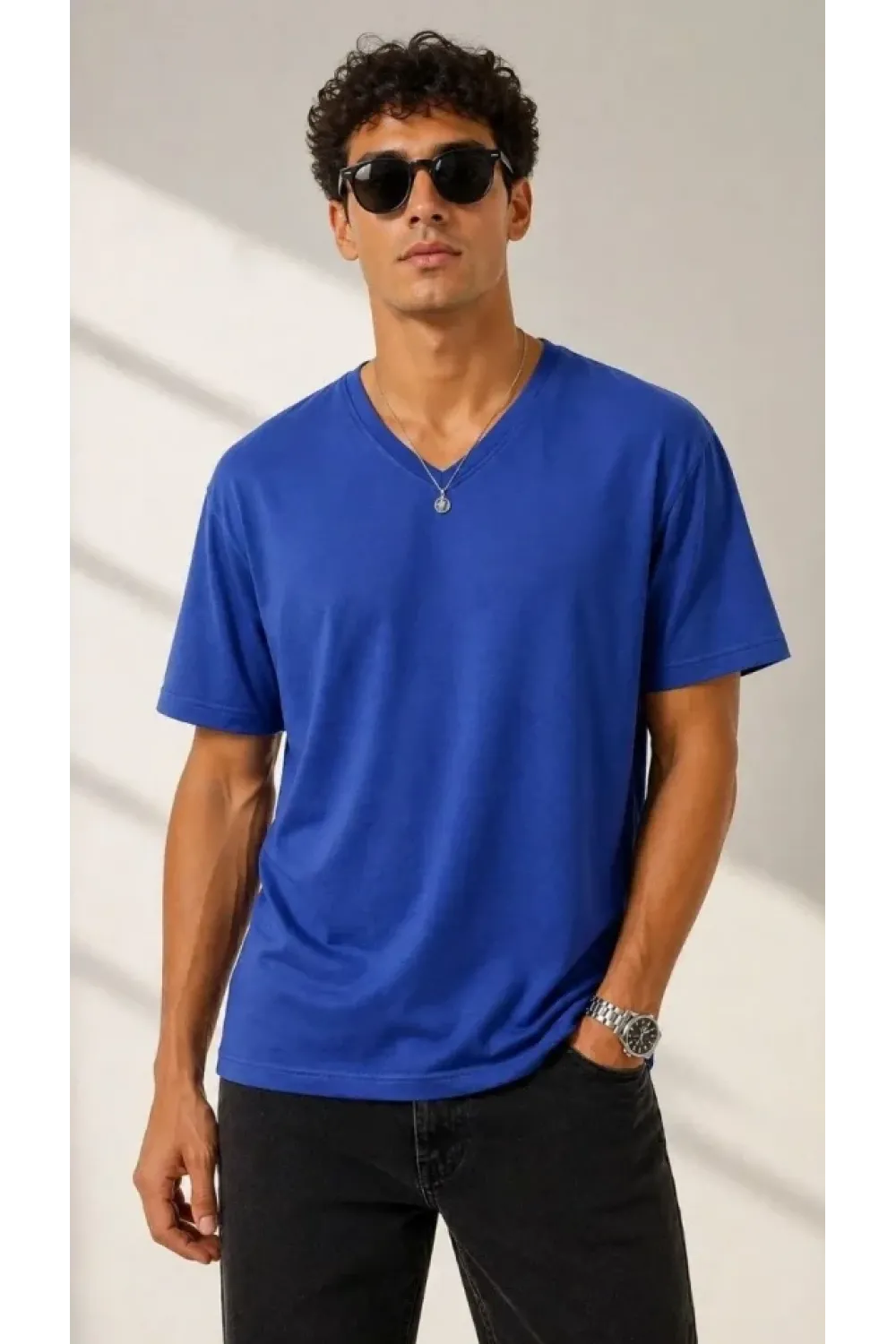 Erkek V Yaka Basic Tişört Kısa Kol Yazlık Regular Fit T-Shirt - Saks Mavisi
