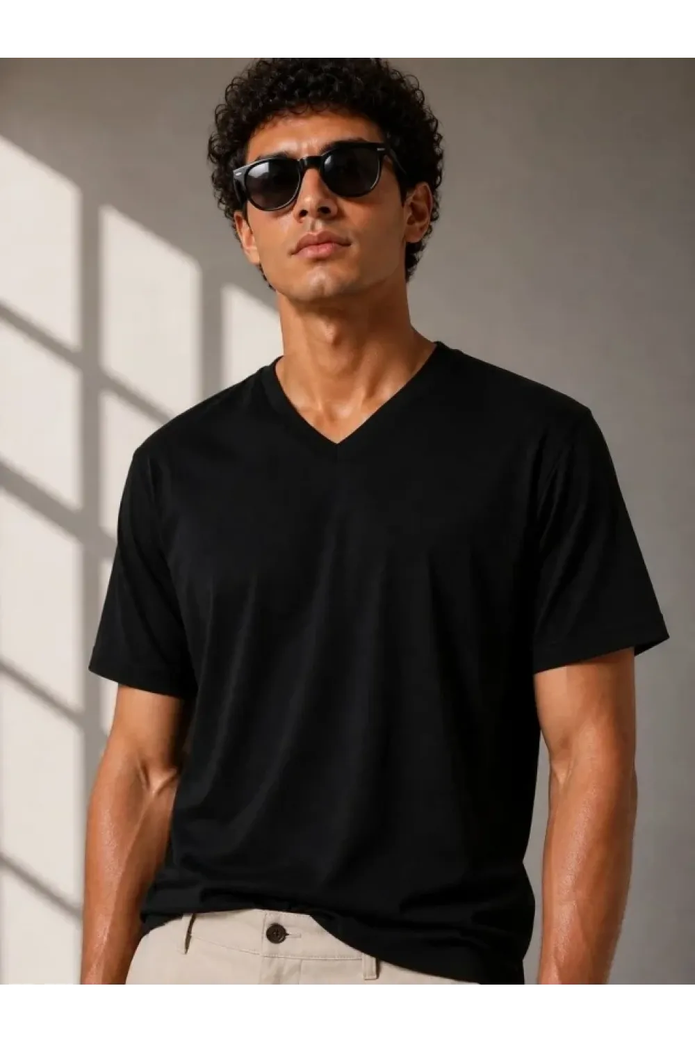 Erkek V Yaka Basic Tişört Kısa Kol Yazlık Regular Fit T-Shirt - Siyah
