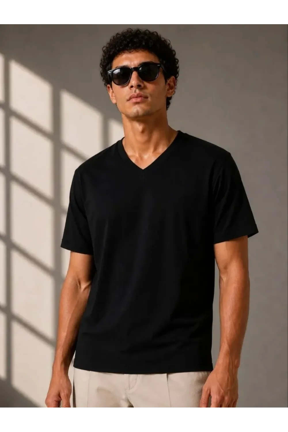 Erkek V Yaka Basic Tişört Kısa Kol Yazlık Regular Fit T-Shirt - Siyah