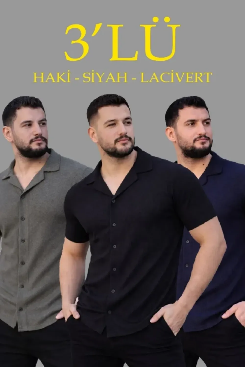 Erkek Waffle Dokuma Açık Yakalı Düğmeli Regular Kalıp 3’lü Gömlek Seti - Siyah, Haki, Lacivert