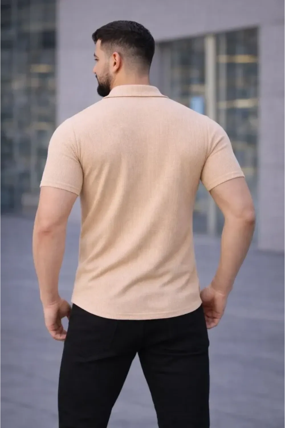 Erkek Waffle Kumaş Kısa Kollu Düğmeli Açık Yaka Regular Fit Gömlek - Bej