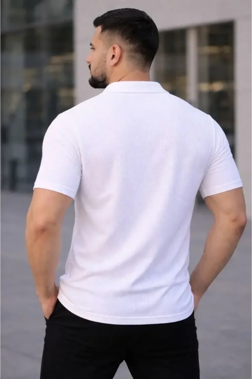 Erkek Waffle Kumaş Kısa Kollu Düğmeli Açık Yaka Regular Fit Gömlek - Beyaz