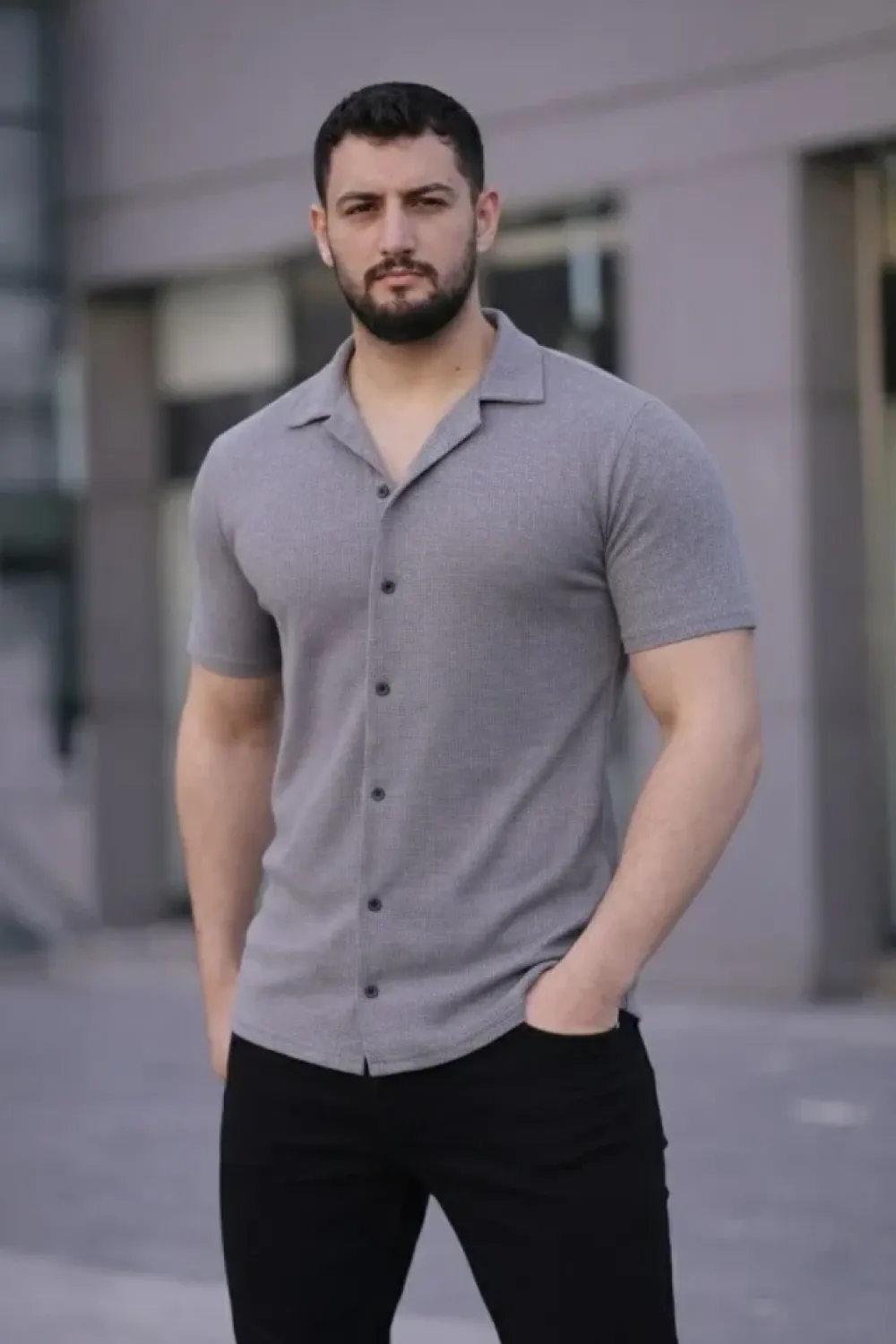 Erkek Waffle Kumaş Kısa Kollu Düğmeli Açık Yaka Regular Fit Gömlek - Gri