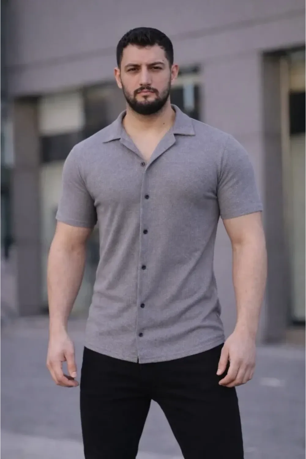 Erkek Waffle Kumaş Kısa Kollu Düğmeli Açık Yaka Regular Fit Gömlek - Gri