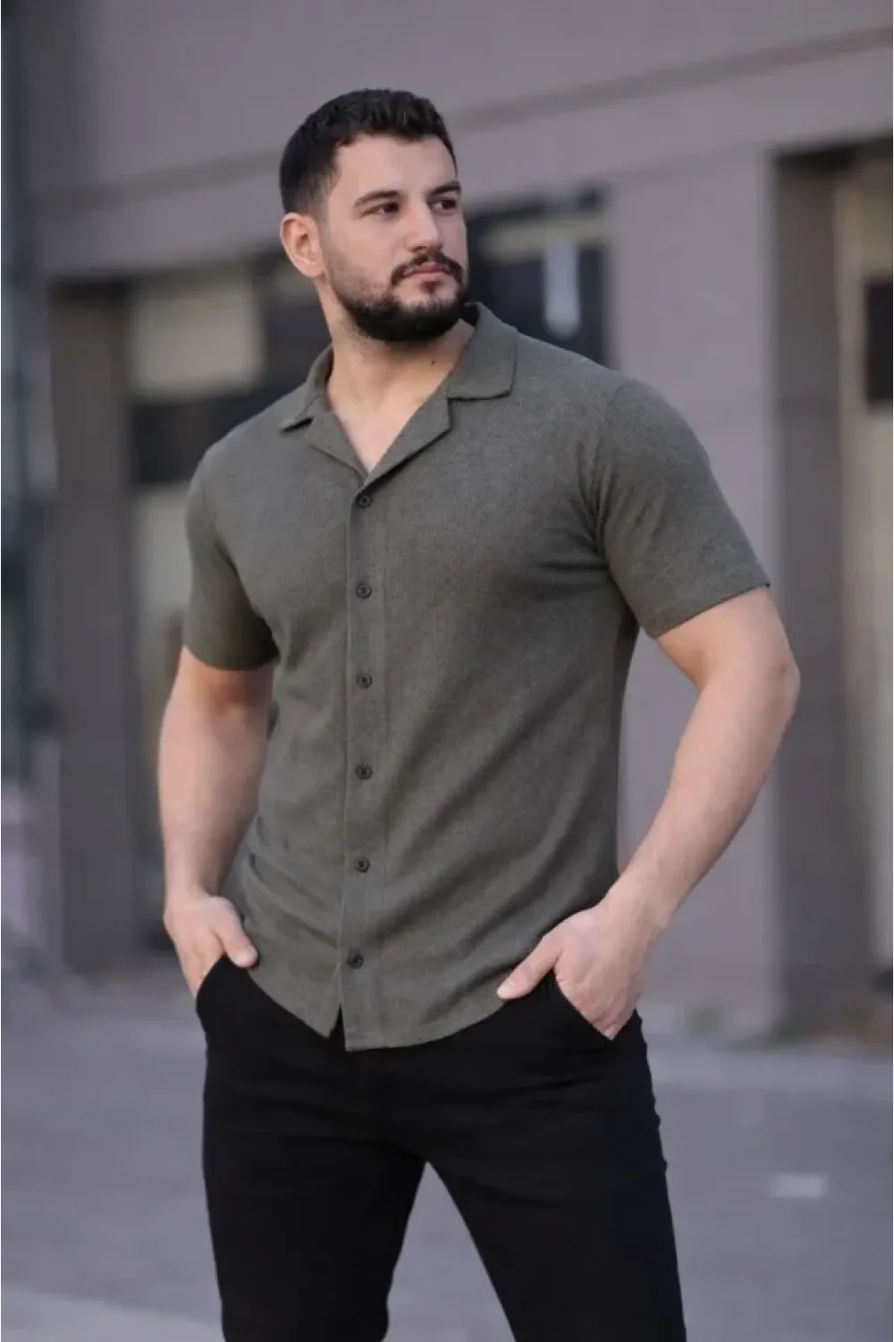 Erkek Waffle Kumaş Kısa Kollu Düğmeli Açık Yaka Regular Fit Gömlek - Haki