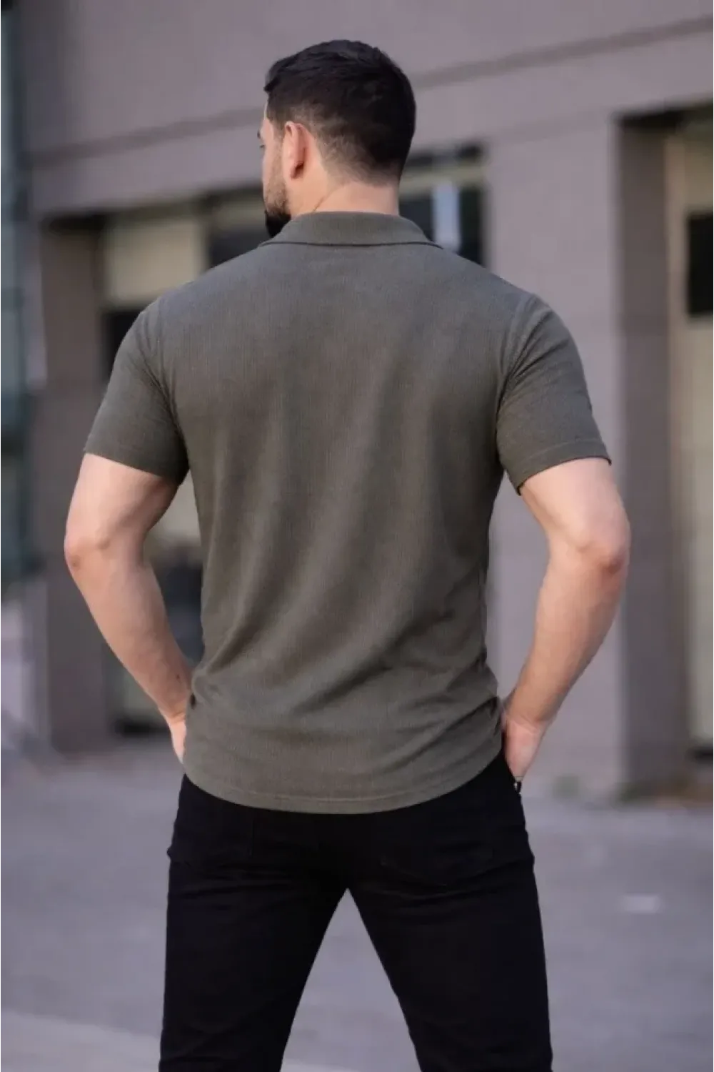 Erkek Waffle Kumaş Kısa Kollu Düğmeli Açık Yaka Regular Fit Gömlek - Haki