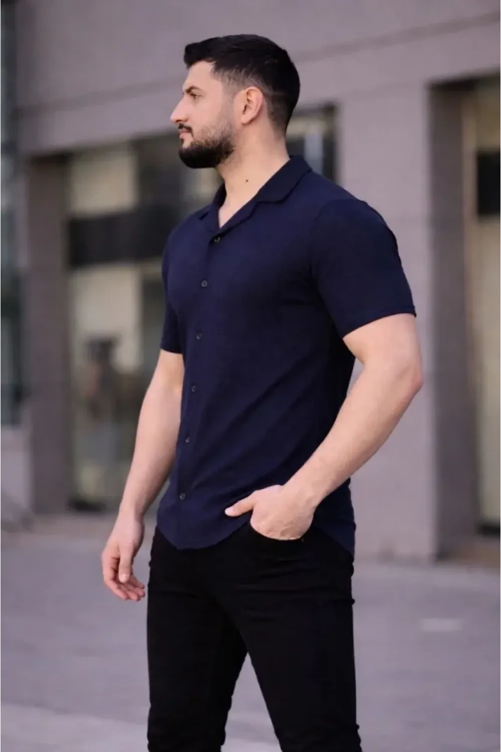 Erkek Waffle Kumaş Kısa Kollu Düğmeli Açık Yaka Regular Fit Gömlek - Lacivert