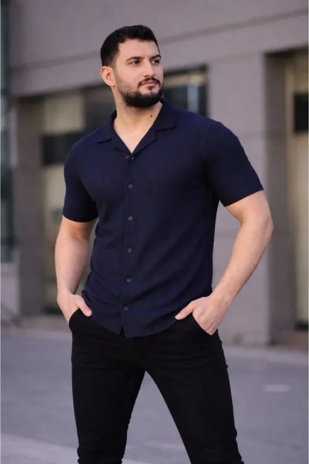 Erkek Waffle Kumaş Kısa Kollu Düğmeli Açık Yaka Regular Fit Gömlek - Lacivert